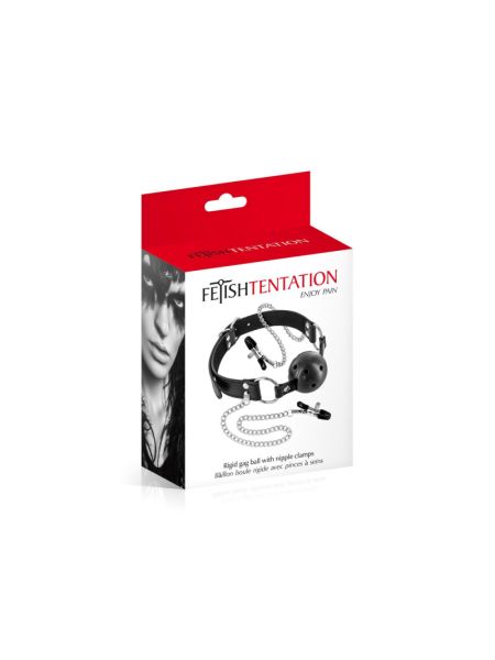 Повітропроникний кляп із затискачами для сосків Fetish Tentation Rigid Gag Ball with Nipple Clamps