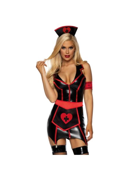 Вініловий костюм медсестри Leg Avenue Vinyl Naughty Nurse XS, сукня, фартух, пов’язки