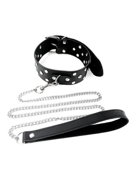 Нашийник з повідцем із натуральної шкіри із заклепками Art of Sex - Jenna Collar with Leash, чорний