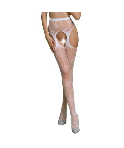 Еротичні колготки-бодістокінг Passion ECO S001 white, з доступом, декор метелики, підв’язки
