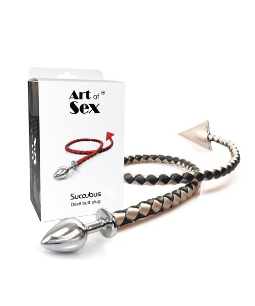 Металева анальна пробка L з диявольським хвостом Art of Sex - Succubus, екошкіра, чорний/золото