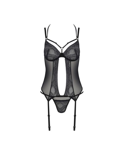 Корсет Passion DROSERA CORSET black, XXL/XXXL, з кріпленнями для панчіх, трусики в комплекті