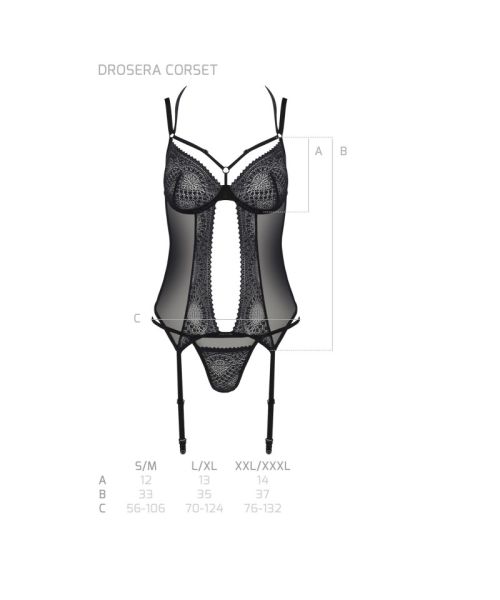 Корсет Passion DROSERA CORSET black, XXL/XXXL, з кріпленнями для панчіх, трусики в комплекті