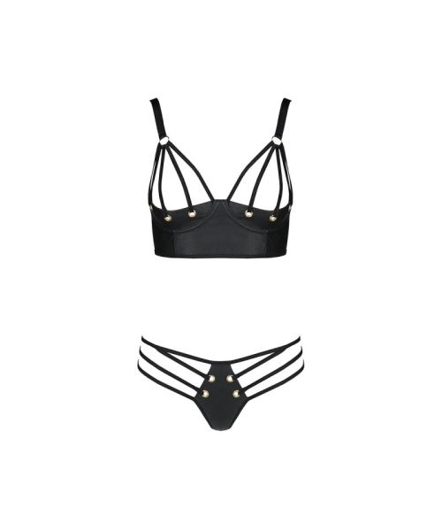 Комплект з екошкіри з люверсами та ремінцями Passion MALWIA BIKINI L/XL, black, бра та трусики
