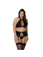 Комплект з екошкіри Passion NANCY SET 4XL/5XL black, імітація шнурівки, топ, пояс для панчіх