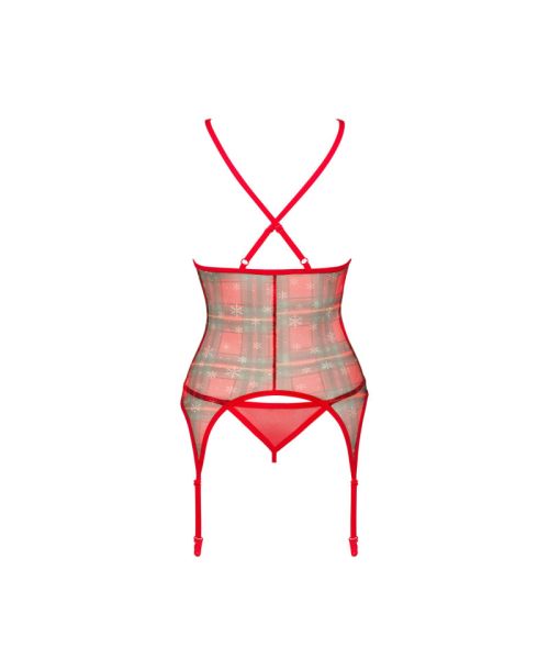Корсет Obsessive Jollymore corset, XS/S, у клітинку, з мереживом, пажі для панчіх, стрінги в комплекті