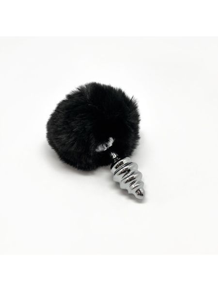 Металева анальна пробка Кролячий хвостик Alive Fluffy Twist Plug S Black, діаметр 2,9 см
