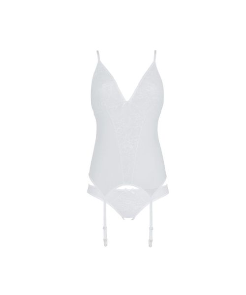 Корсет із пажами, трусики з ажурним декором та відкритим кроком Passion URSULA CORSET S/M, white