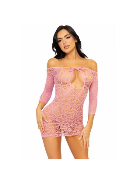 Сукня-сітка з сердечками Leg Avenue Heart net mini dress Pink, зав’язки, відкриті плечі, one size