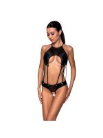 Боді з відкритим доступом Passion TASMINA BODY L/XL black, екошкіра, шнурівки, ажурні мережива