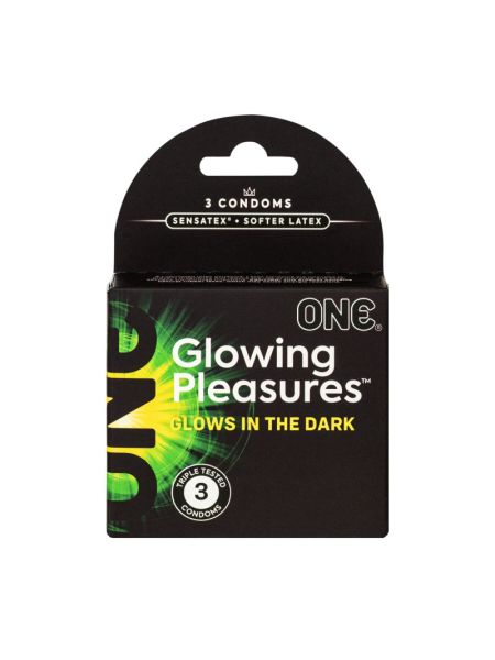 Презервативи ONE Glowing Pleasures, 3 шт, світяться в темряві, зі змазкою, картонне паковання