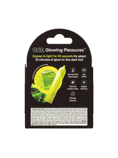 Презервативи ONE Glowing Pleasures, 3 шт, світяться в темряві, зі змазкою, картонне паковання