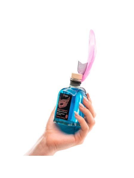 Набір для масажу Orgie – Sexy Therapy Cotton Candy (100 мл), їстівна розігрівальна олія + пір’їнка