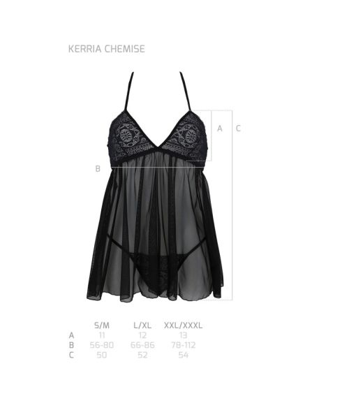 Пеньюар Passion KERRIA CHEMISE black, S/M, мереживний верх, трусики в комплекті