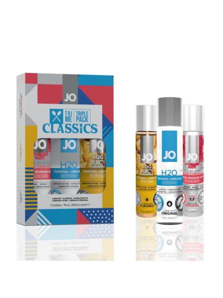 Набір JO Tri-Me Triple Pack — Classics (3×30 мл) водна, силіконова та смакова змазка