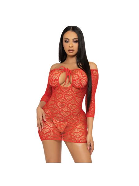 Сукня-сітка з сердечками Leg Avenue Heart net mini dress Red, зав’язки, відкриті плечі, one size