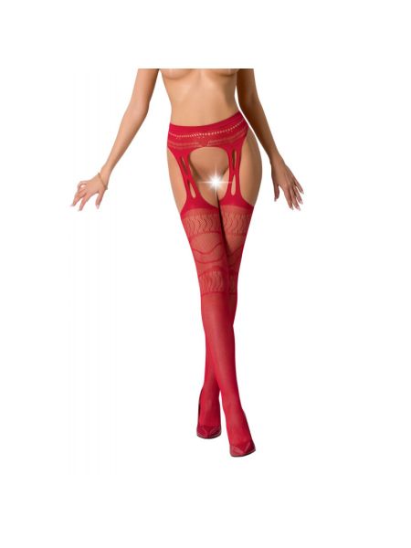 Сітчасті панчохи-стокінги Passion S020 One Size, Red, ажурний візерунок, імітація пояса з гартерами