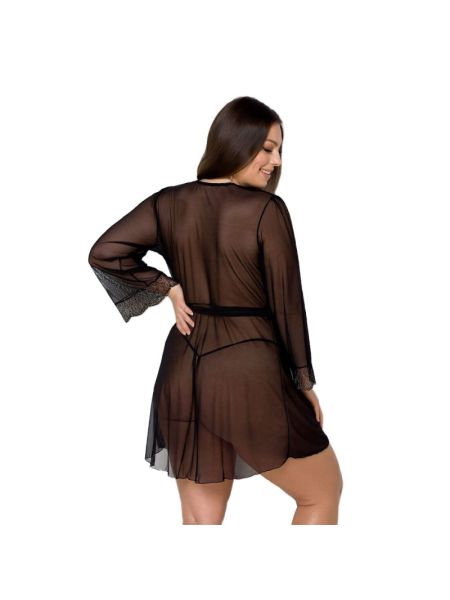 Пеньюар Passion AMBERLY PEIGNOIR 4XL/5XL, black, ажурні декольте та манжети, широкі рукави