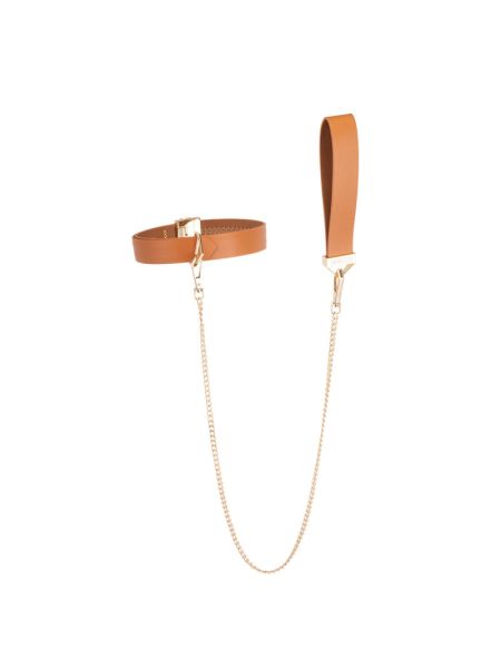 Нашийник з повідцем LOCKINK Tied Collar with Leash Set, коричневий, ланцюг зі шкіряною петлею та карабіном