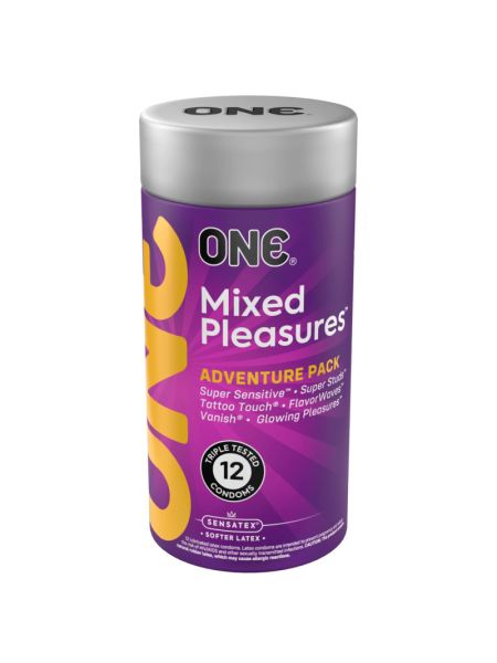 Презервативи ONE Mixed Pleasures, 12 шт, 6 видів, подарункове паковання-тубус