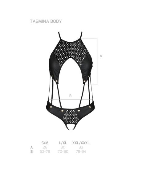 Боді з відкритим доступом Passion TASMINA BODY XXL/XXXL, black, екошкіра, шнурівки, ажурні мережива