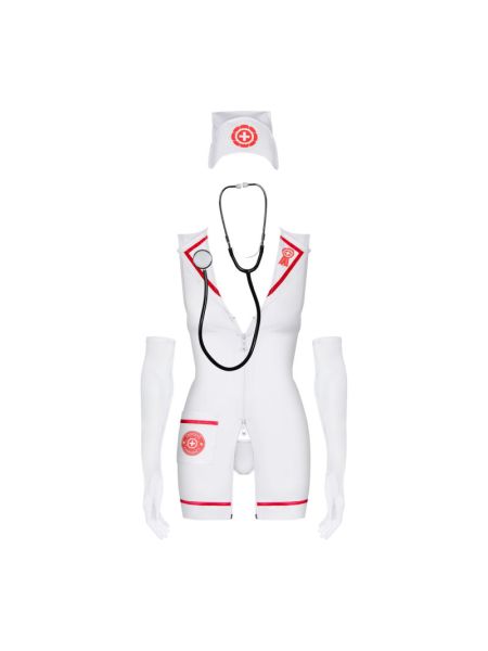 Еротичний костюм медсестри Obsessive Emergency dress S/M, white, сукня, стринги, рукавички, чепчик, стетоскоп
