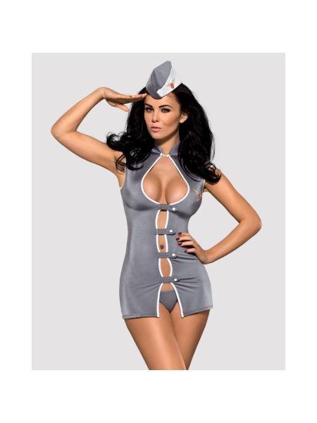 Еротичний костюм стюардеси Obsessive Stewardess 3 pcs grey L/XL, сірий, сукня, стрінги, пілотка