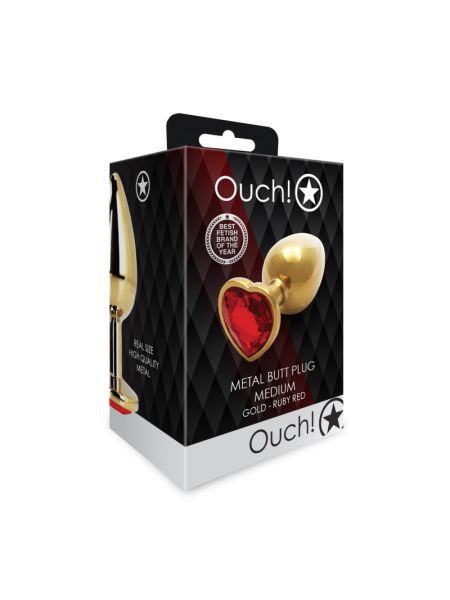 Анальна пробка - Ouch! Metal Butt Plug Medium Gold/Ruby Red