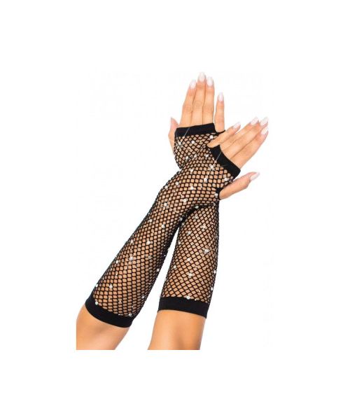 Рукавички в сітку із стразами One SIze Fishnet Arm Warmers Gloves від Leg Avenue Rhinestone, чорні