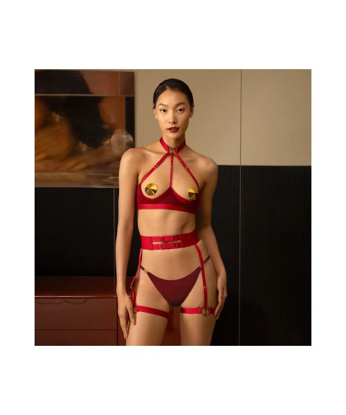 Комплект білизни UPKO Lingerie Set із золотими пестісами, червоний, One Size
