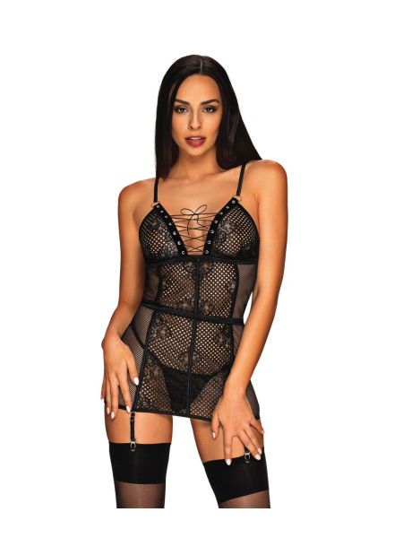 Сорочка в сіточку Obsessive Basitta зі шнурівкою, чорний, S/M