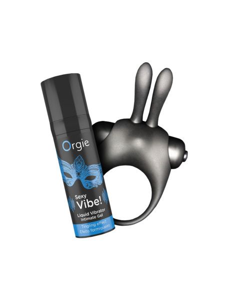 Набор Orgie VIBE! BUNNY эрекционное черное виброкольцо и жидкий вибратор 15 мл