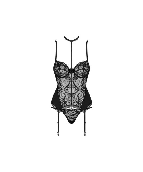Корсет з пажами для панчох Obsessive Diyosa та трусиками в комплекті, чорний, S/M
