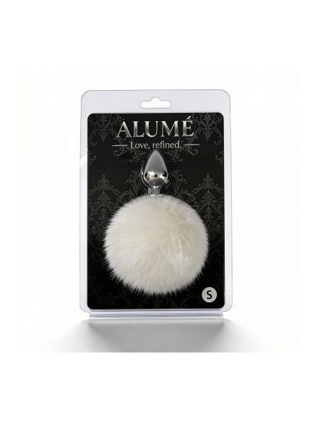 Анальна пробка ALUME, S, металева срібляста з білим пушком, 7 х 2,8 см