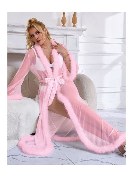 Халатик напівпрозорий Star Night з імітацією хутра та поясом, рожевий, XL-2XL