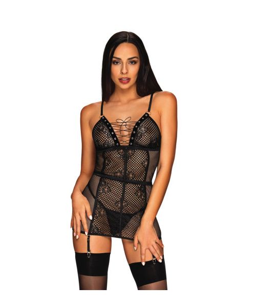 Сорочка в сіточку Obsessive Basitta зі шнурівкою, чорний, S/M
