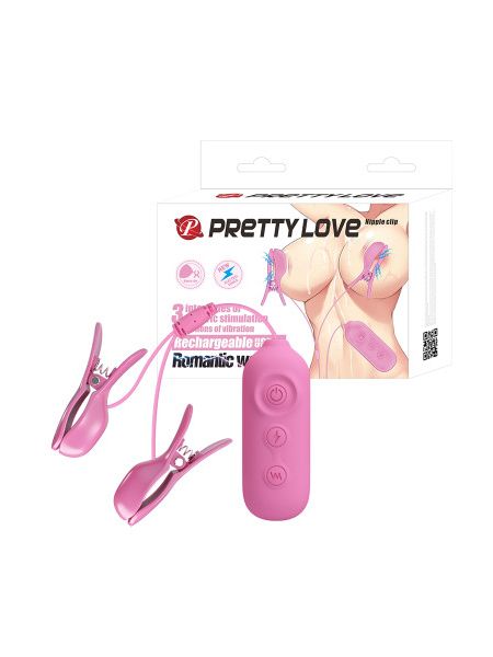 Віброзатискачі для сосків Pretty Love Nipple Clip з електростимуляцією, рожеві