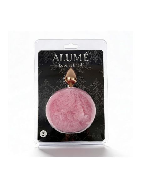 Анальна пробка ALUME, S, металева золотиста з рожевим пушком, 7 х 2,8 см