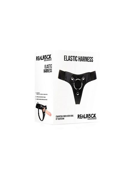 Трусики для страпона REALROCK Elastic Harness з кільцем, шкіряні, чорні, One Size (S-XL)