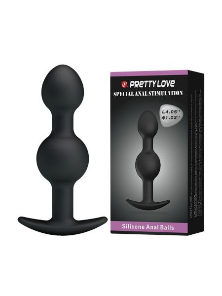 Анальна пробка силіконова PRETTY LOVE Heavy Balls з двома кульками, чорна, 10.4 х 2.6 см