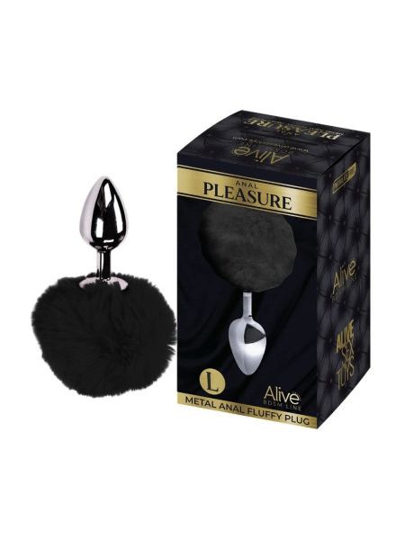 Анальна пробка Alive Anal Pleasure L з чорним хутром, срібляста, 9 х 4 см