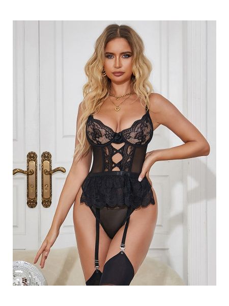Мереживне боді Star Night з доступом та підтяжками, чорне, XS-S