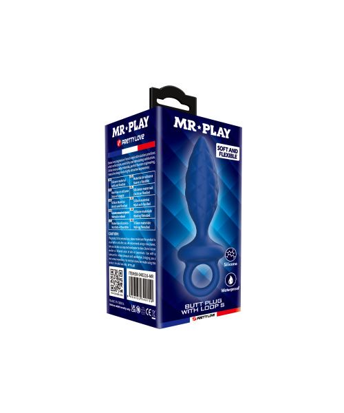 Анальна пробка MR. PLAY Butt Plug with Loop, синя, розмір S, 11,5 × 2,7 см