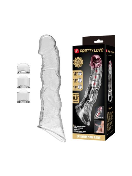 Подовжуюча насадка на пеніс Pretty Love Extension з подовжувачами (3 шт), прозора, 28 х 5,2 см